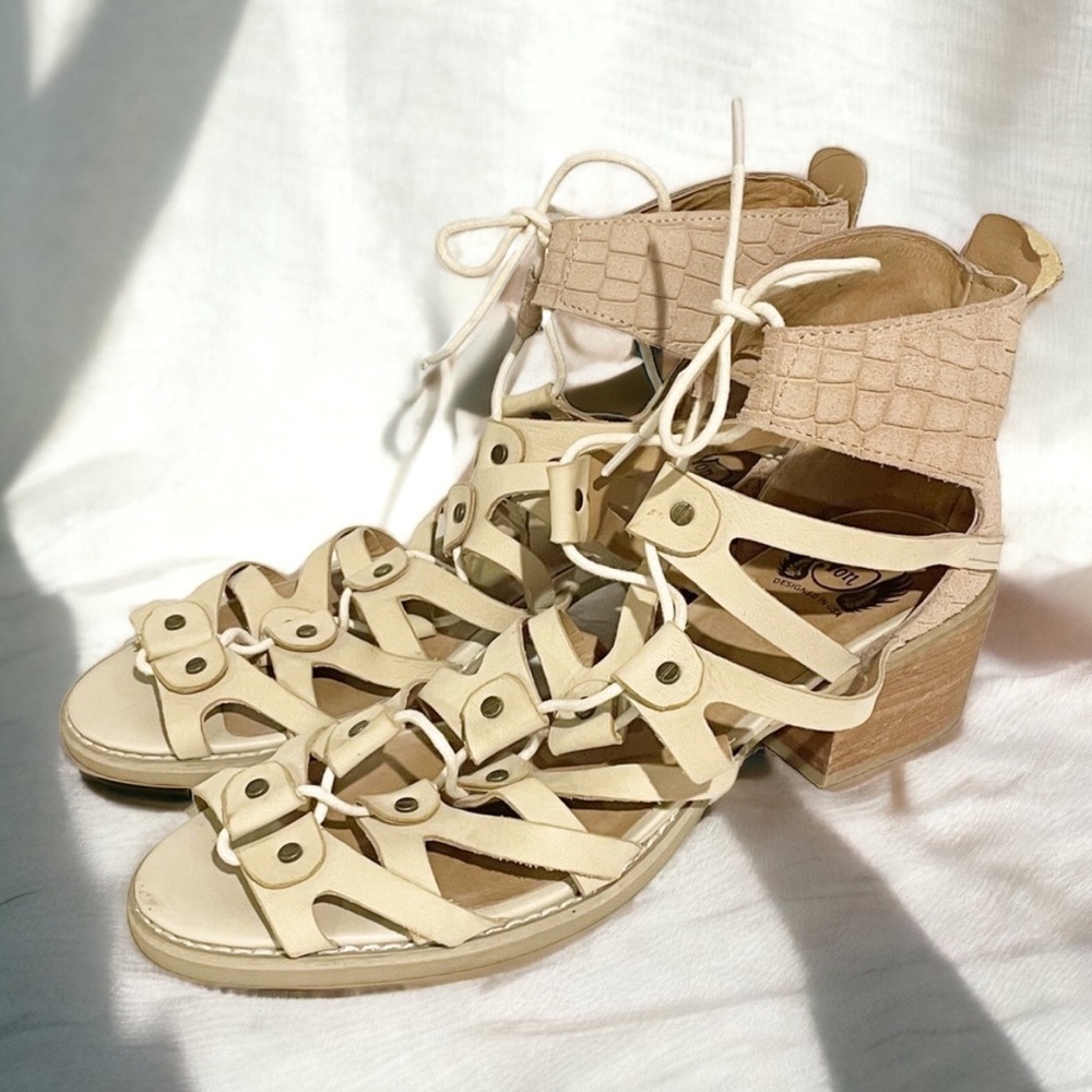 Von Dutch Size 8M Tan Leather Lighten Up Block Wooden Heel Gladiator Sandal‎